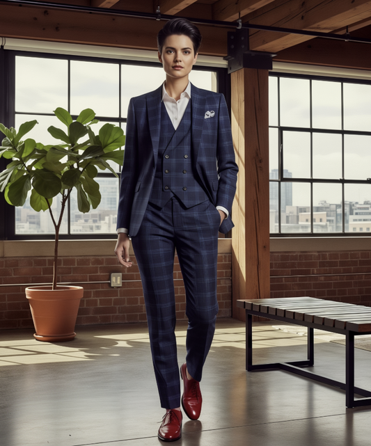 Women's Navy/Red Plaid Tweed Three Piece Suit