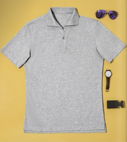 Light Grey / Bespoke Cotton Long Sleeved Polo Shirt/ 100% Cotton