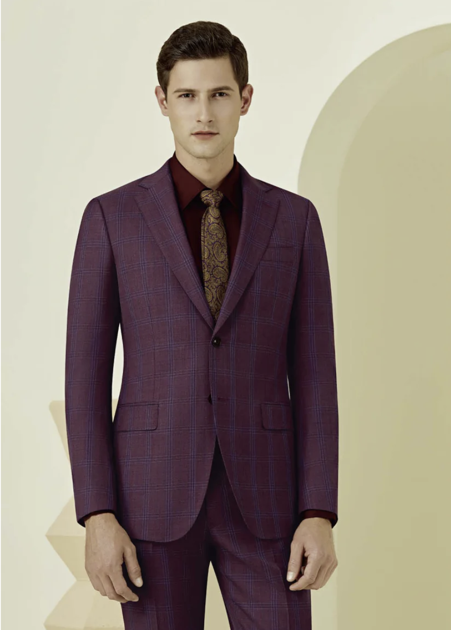 Purplish Red Check Single Breasted / Two Piece Suit Italian Pure Wool Super 110'S