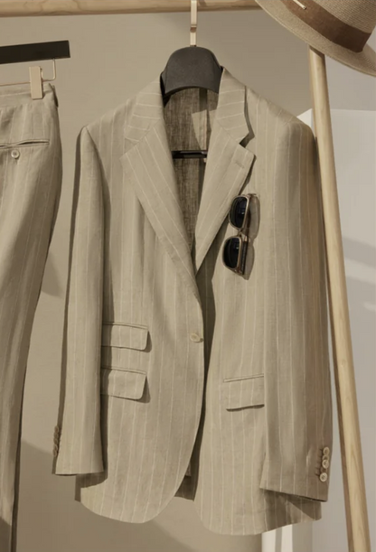 Soft Casual / Linen Single Breasted Tan Chalk Stripe Jacket Style No DJJ0070