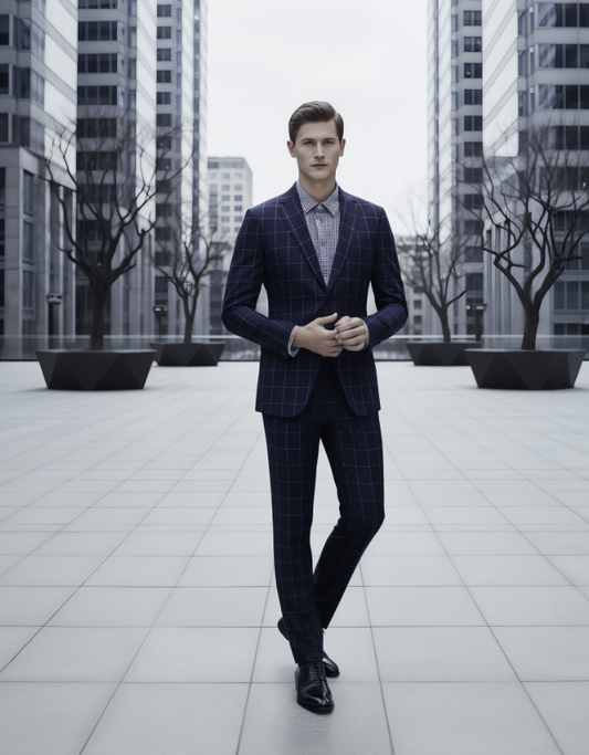 Dark Navy/ Purple Check Single Breasted / Two Piece Suit Italian Pure Wool Super 110'S