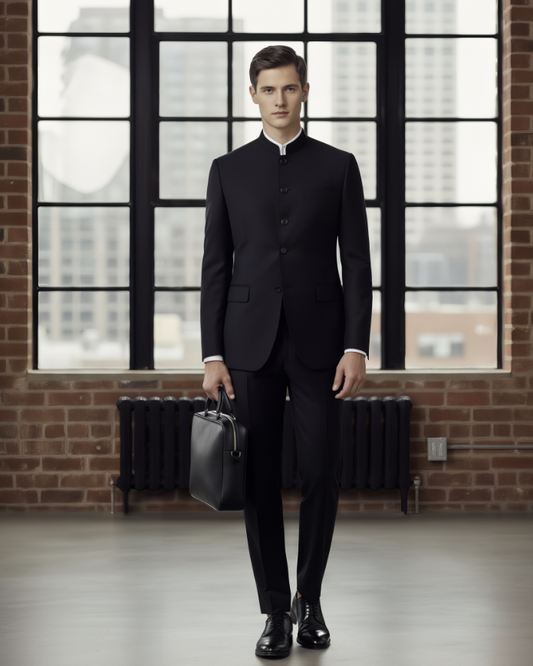 Black Nehru Evening Jacket Plus Black Wool Matching Trousers