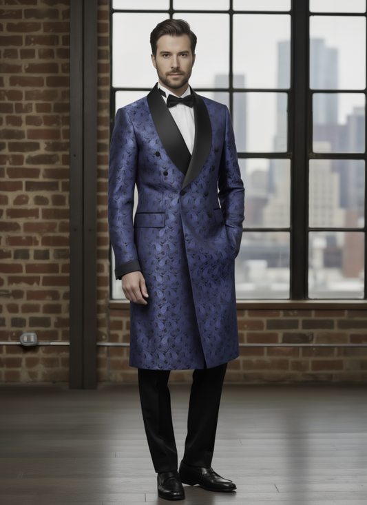 Tuxedo Blue and Navy Patterned Brocade Long Jacket  / Style Number J39184/220