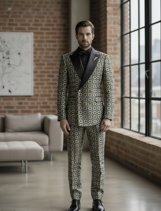 Tuxedo Green and Black/ White Floral Brocade Jacket / Style Number J39221/220