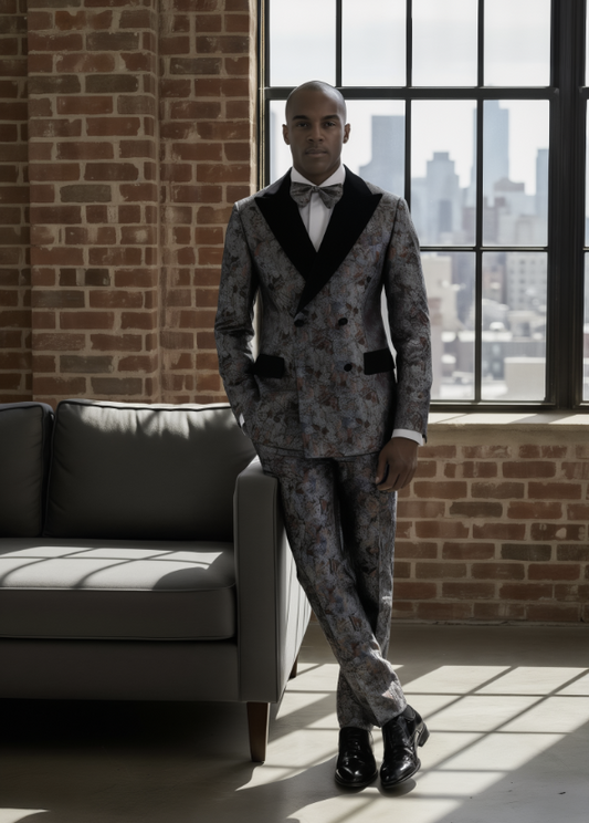 Tuxedo Sage Green/ Orange/ Teal / Grey Patterned Brocade long Jacket/ Style Number J39128/200