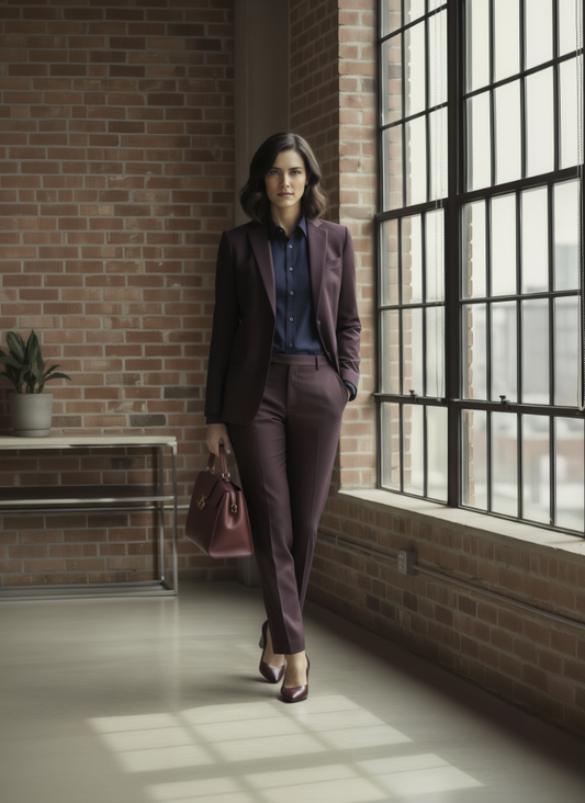 Women's Dark Burgundy Single Breasted / Two Piece Suit Italian Pure Wool Super 110'S