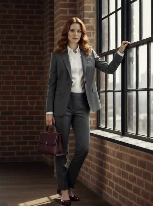 Women's Mid Grey Pinstripe Single Breasted / Two Piece Suit Italian Pure Wool Super 110'S