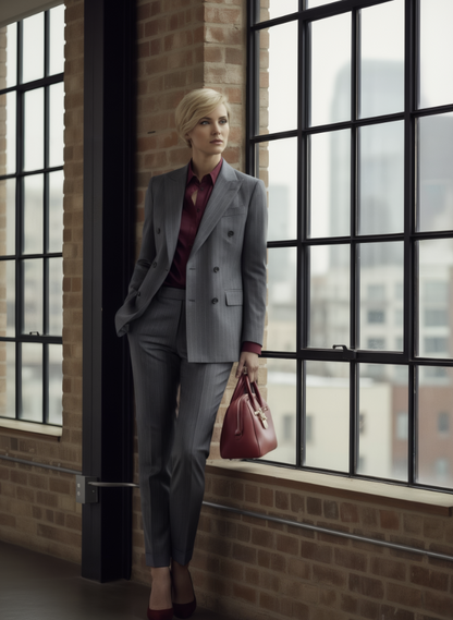 Women's Grey Pinstripe Double Breasted / Two Piece Suit Italian Pure Wool Super 110'S