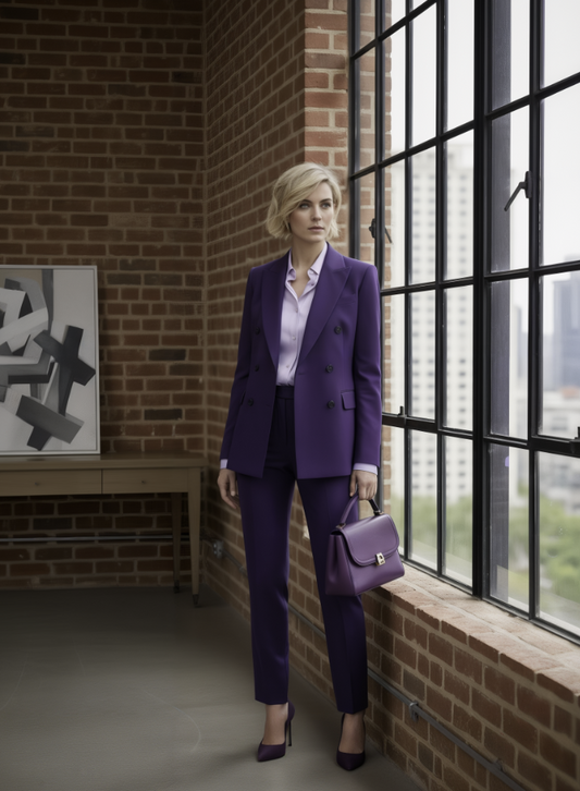 Women's Dark Purple Double Breasted / Two Piece Suit Italian Pure Wool Super 110'S