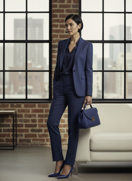 Women's Blue Herringbone Single Breasted / Two Piece Suit Italian Pure Wool Super 110'S