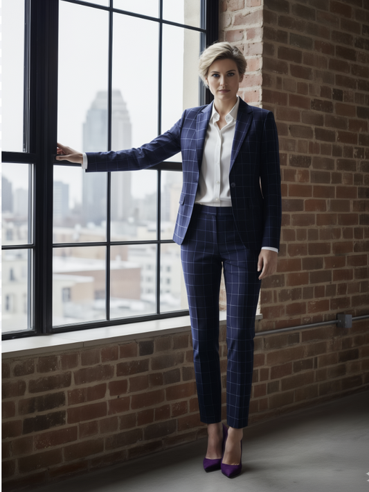 Women's Dark Navy/ Purple Check Single Breasted / Two Piece Suit Italian Pure Wool Super 110'S