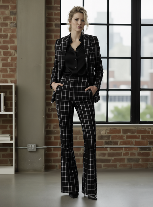 Women's Black/ White Check Single Breasted / Two Piece Suit Italian Pure Wool Super 110'S