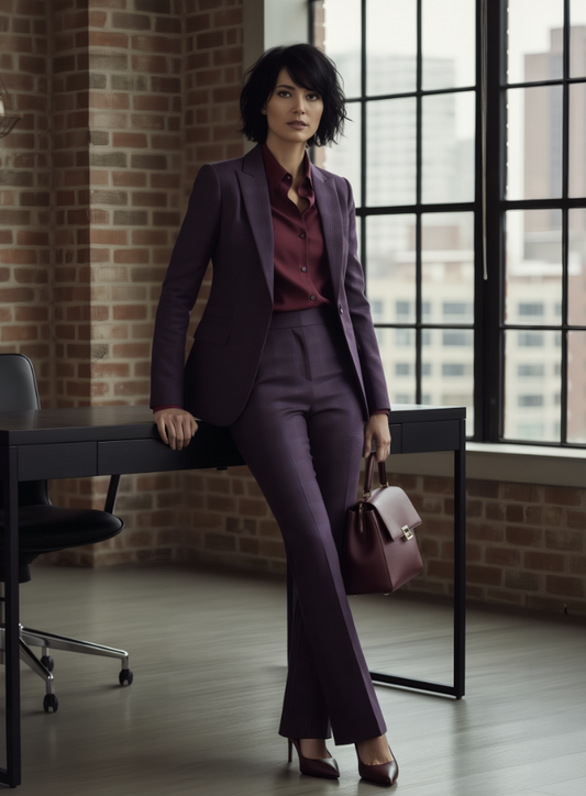 Women's Purplish Red Check Single Breasted / Two Piece Suit Italian Pure Wool Super 110'S