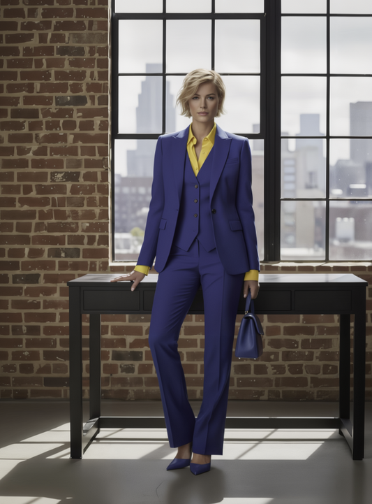 Women's Royal Blue Single Breasted / Three Piece Suit Italian Pure Wool Super 110'S