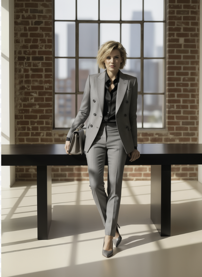 Women's Grey/ Black Houndstooth Double Breasted / Two Piece Suit Italian Pure Wool Super 110'S