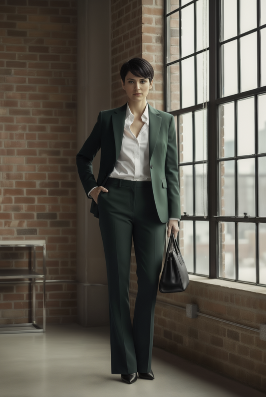 Women's Forest Green Single Breasted / Two Piece Suit Italian Pure Wool Super 110'S