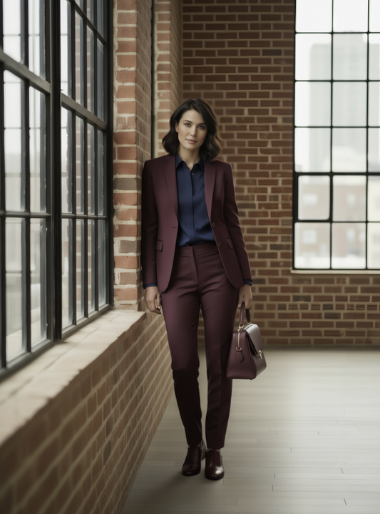 Women's Maroon Single Breasted / Two Piece Suit Italian Pure Wool Super 110'S