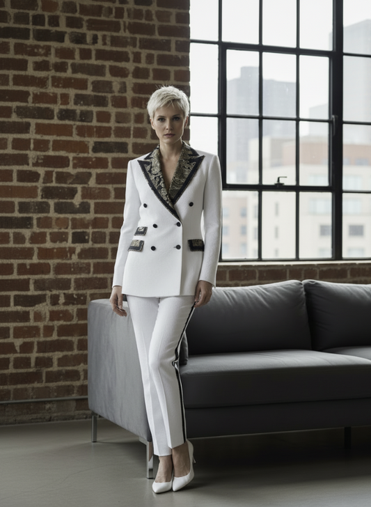 Women's Tuxedo White and Gold/ Black Jacquard Jacket / Style Number J39224/220