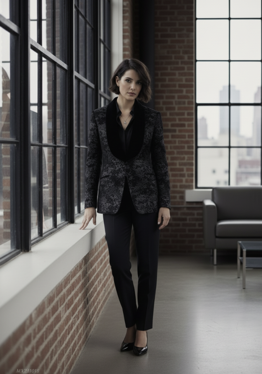 Women's Tuxedo Black and Patterned Brocade Jacket  / Style Number J39141/200
