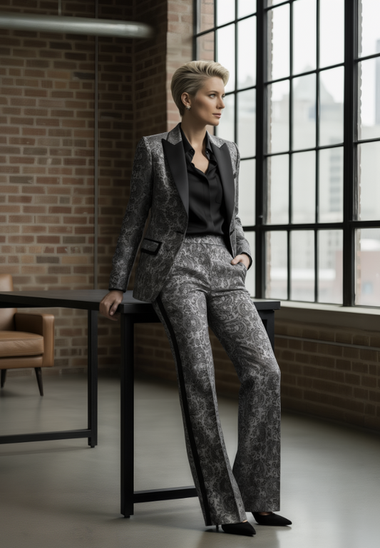 Women's Tuxedo Grey and Black Jacquard Jacket/  Style Number J39133/200