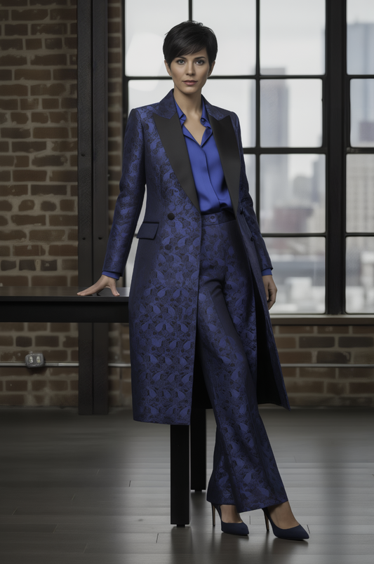 Women's Tuxedo Blue and Navy Patterned Brocade Long Jacket  / Style Number J39184/220