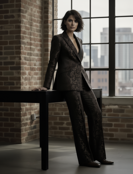 Women's Tuxedo Black and Gold Patterned Jacquard Jacket  / Style Number J39173/200