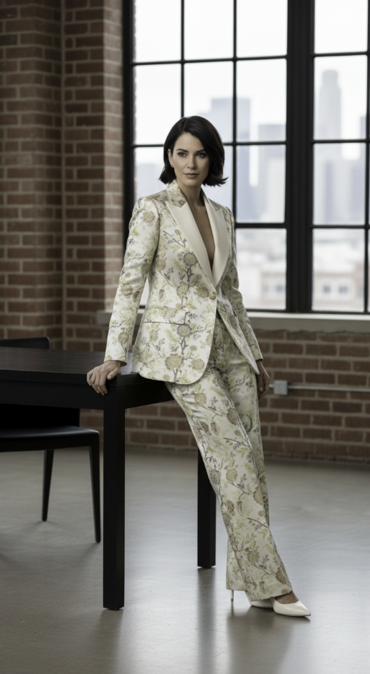 Women's Tuxedo Cream and Green Floral Patterned Brocade Jacket / Style Number J39196/220