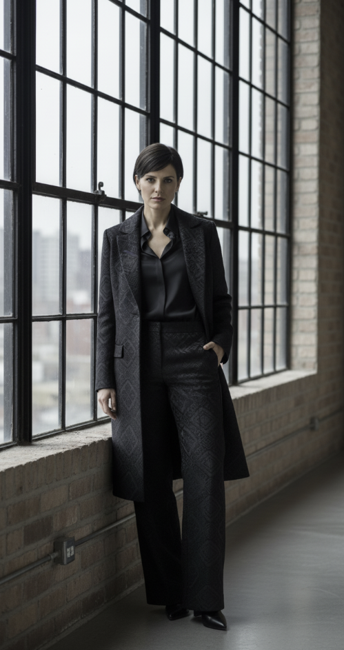 Women's Tuxedo Black Textured Jacquard Long Jacket  / Style Number J39163/200