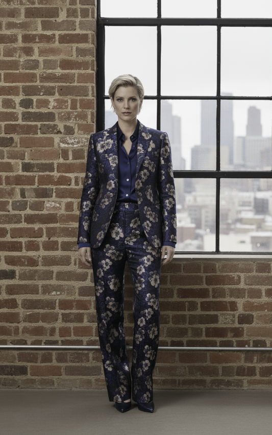 Women's Tuxedo Navy and Pink Floral Patterned Brocade Jacket/ Style Number J39202/220
