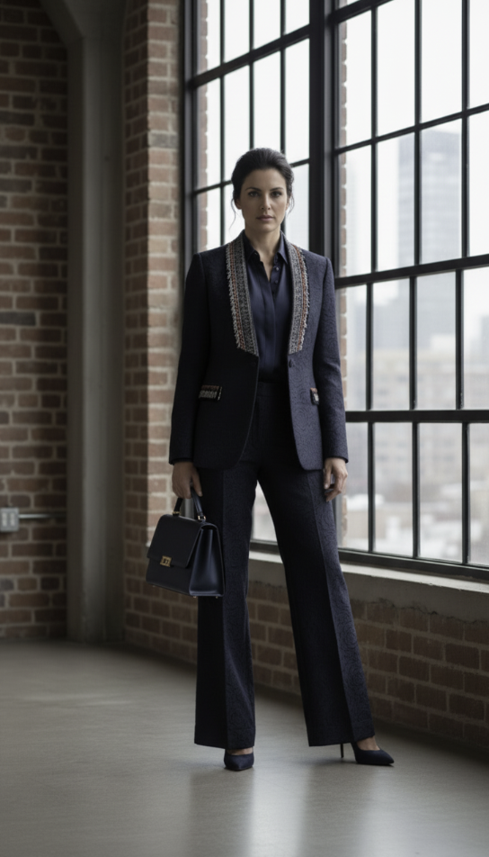 Women's Tuxedo Navy Patterned Jacquard Jacket / Style Number J39166/220