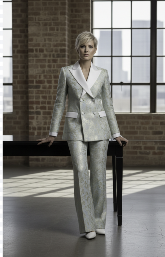 Women's Tuxedo Sage and Gold Patterned Brocade Jacket / Style Number J39210/220