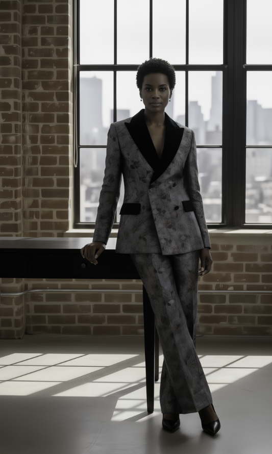 Women's Tuxedo Sage Green/ Orange/ Teal / Grey Patterned Brocade long Jacket/ Style Number J39128/200