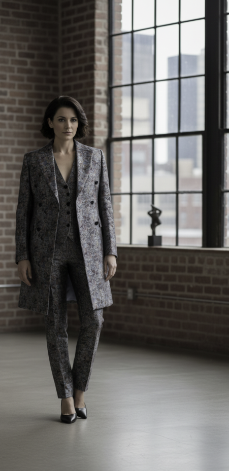 Women's Tuxedo Sage Green/ Orange/ Teal / Grey Patterned Brocade long Jacket/ Style Number J39128/200