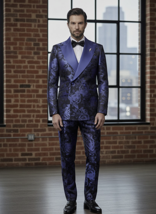 Tuxedo Blue and Navy Patterned Brocade Jacket  / Style Number J39144/200