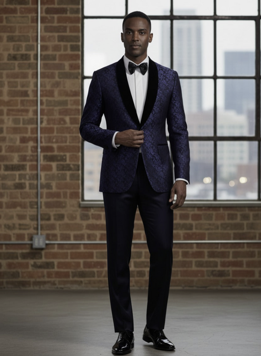 Tuxedo Blue and Navy Patterned Brocade Jacket / Style Number J39218/220