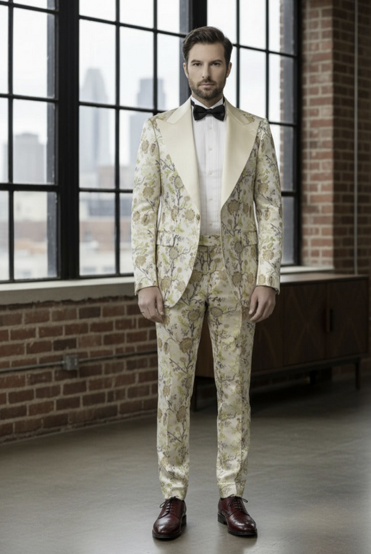 Tuxedo Cream and Green Floral Patterned Brocade Jacket / Style Number J39196/220