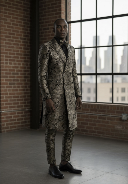 Tuxedo Gold and Red/ Black Patterned Brocade Long Jacket  / Style Number J39147/220