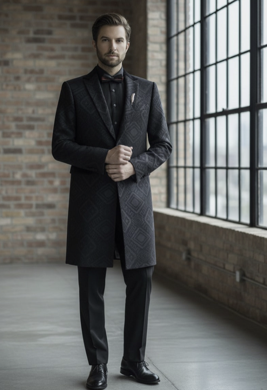 Tuxedo Black Textured Jacquard Long Jacket  / Style Number J39163/200