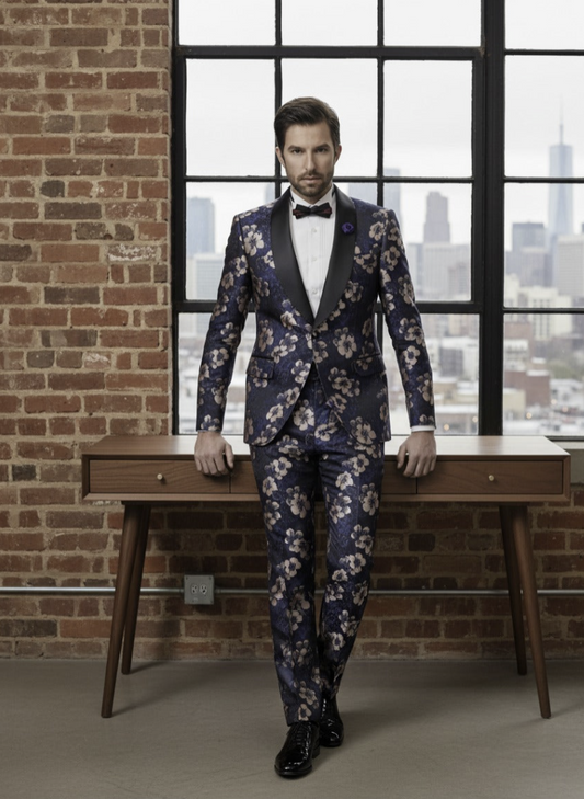Tuxedo Navy and Pink Floral Patterned Brocade Jacket/ Style Number J39202/220