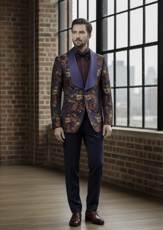 Tuxedo Navy and Red and Gold Patterned Brocade Jacket / Style Number J39204/220