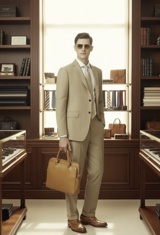 Light Khaki Single Breasted / Two Piece Suit Italian Pure Wool Super 110'S