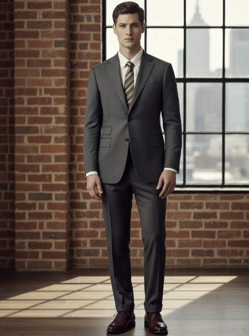 Mid Grey Pinstripe Single Breasted / Two Piece Suit Italian Pure Wool Super 110'S