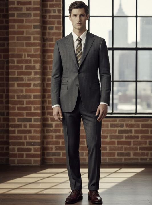 Mid Grey Pinstripe Single Breasted / Two Piece Suit Italian Pure Wool Super 110'S