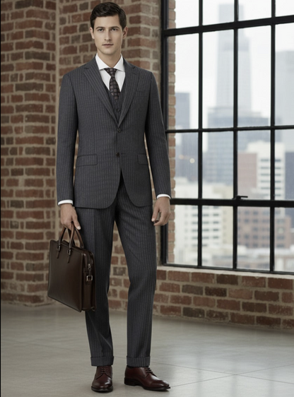 Mid Grey Pinstripe Single Breasted / Three Piece Suit Italian Pure Wool Super 110'S