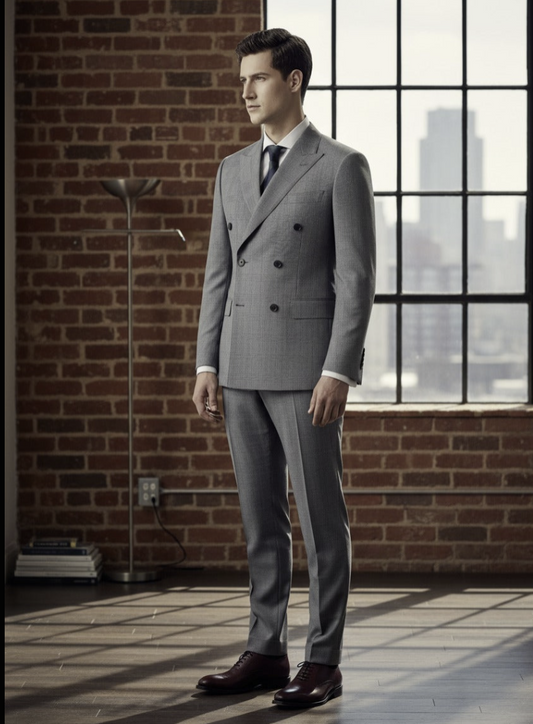 Light Grey/ POW Check Double Breasted / Two Piece Suit Italian Pure Wool Super 110'S