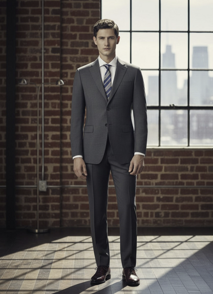 Mid/Grey Textured Single Breasted / Two Piece Suit Italian Pure Wool Super 110'S