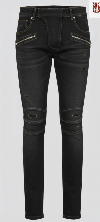 Special Edition Japanese Selvedge Fitted Denim Biker Destruction Jeans Black