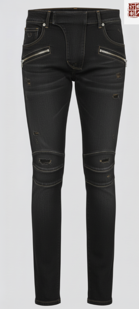 Special Edition Japanese Selvedge Fitted Denim Biker Destruction Jeans Black