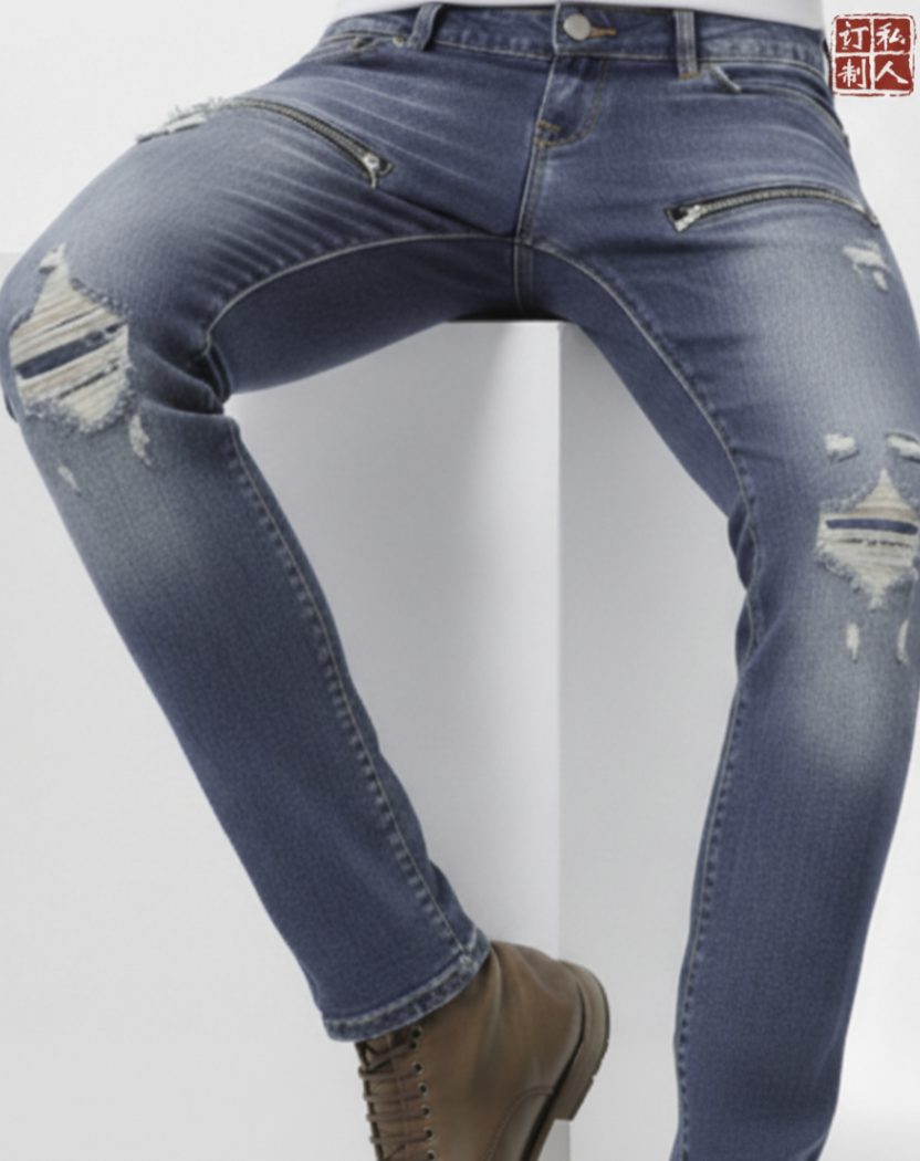 Special Edition Japanese Selvedge Fitted Denim Biker Destroyed Jeans Medium Blue