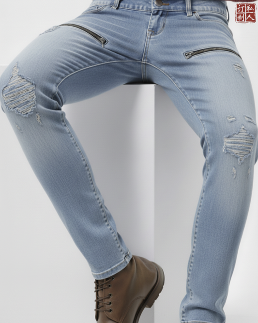 Special Edition Japanese Selvedge Fitted Denim Biker Destroyed Jeans Pale Blue